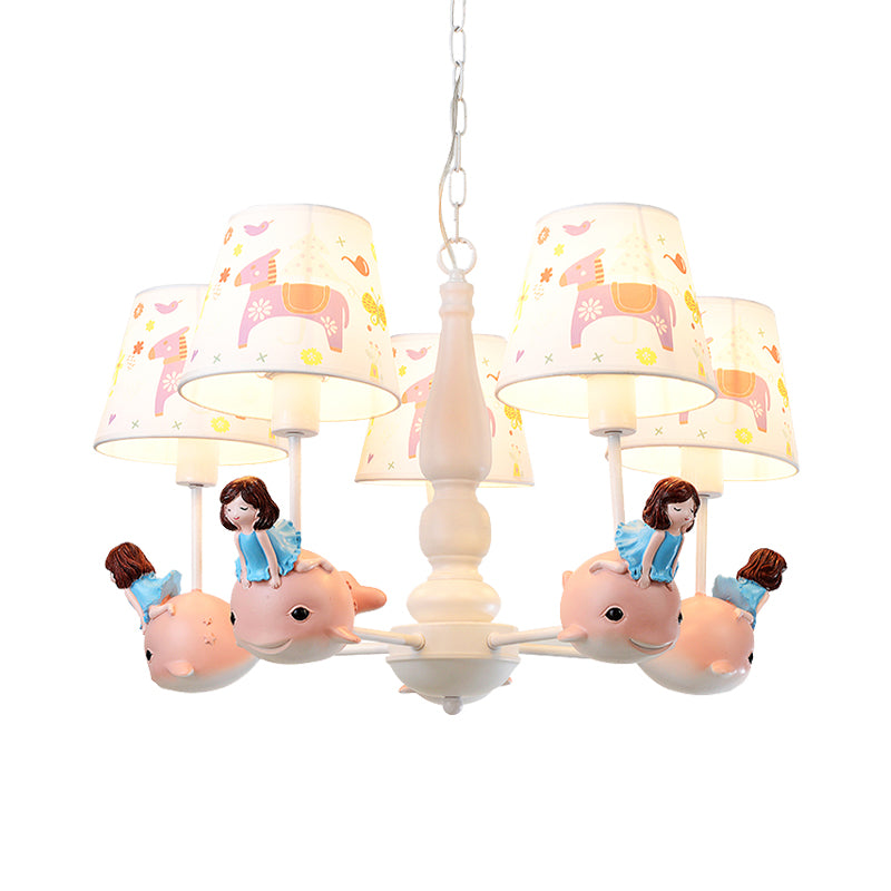 Barrel Hanging Chandelier Cartoon Fabric 5-Head White Finish Radial Pendant Light Kit with Carousel/Fish and Girl Deco Clearhalo 'Ceiling Lights' 'Chandeliers' Lighting' options 917931