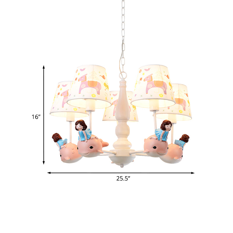 Barrel Hanging Chandelier Cartoon Fabric 5-Head White Finish Radial Pendant Light Kit with Carousel/Fish and Girl Deco Clearhalo 'Ceiling Lights' 'Chandeliers' Lighting' options 917932