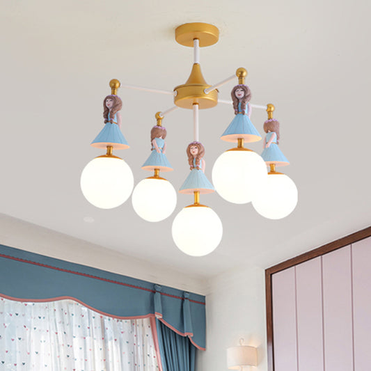 Cartoon Girl Semi-Flush Ceiling Light Resin 5-Bulb Kids Bedroom Flush Mount with Ball White Glass Shade in Blue Blue Clearhalo 'Ceiling Lights' 'Close To Ceiling Lights' 'Close to ceiling' 'Semi-flushmount' Lighting' 917933