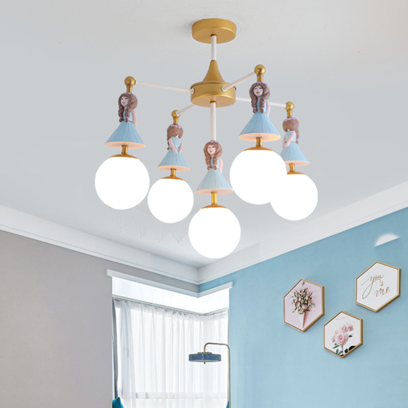 Cartoon Girl Semi-Flush Ceiling Light Resin 5-Bulb Kids Bedroom Flush Mount with Ball White Glass Shade in Blue Clearhalo 'Ceiling Lights' 'Close To Ceiling Lights' 'Close to ceiling' 'Semi-flushmount' Lighting' 917934