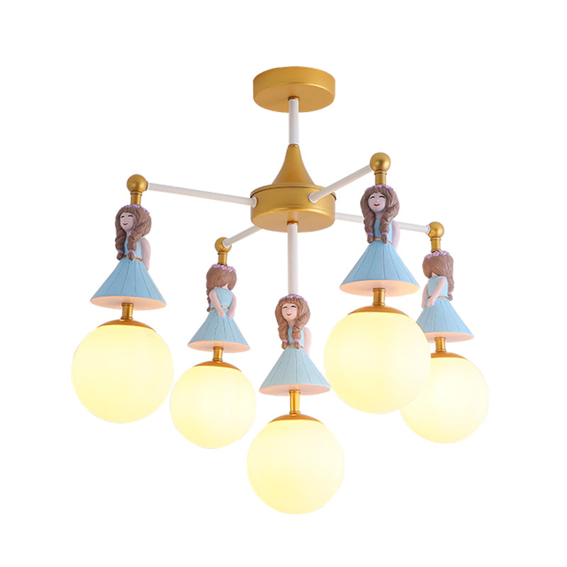 Cartoon Girl Semi-Flush Ceiling Light Resin 5-Bulb Kids Bedroom Flush Mount with Ball White Glass Shade in Blue Clearhalo 'Ceiling Lights' 'Close To Ceiling Lights' 'Close to ceiling' 'Semi-flushmount' Lighting' 917935