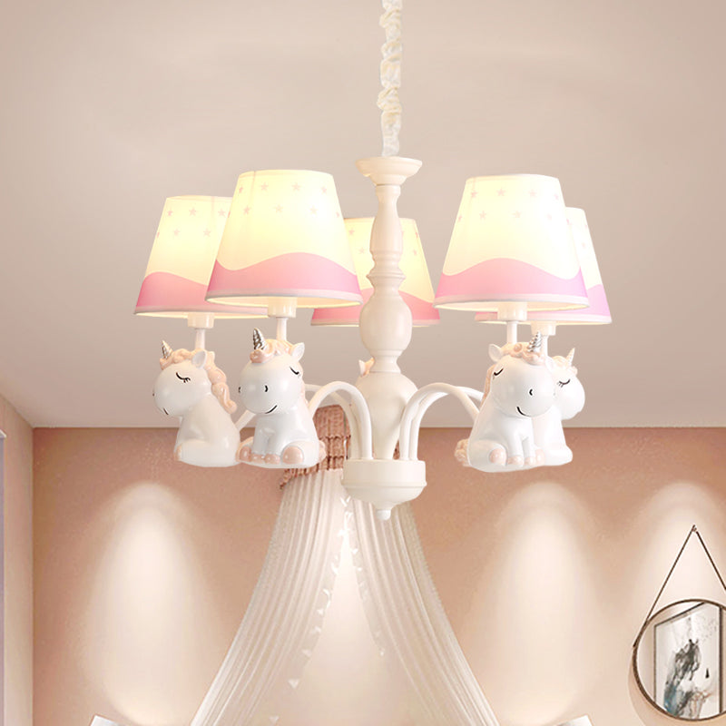 Pink/Blue Barrel Shade Chandelier Lighting Cartoon 5 Lights Fabric Pendulum Lamp with Unicorn Decor Clearhalo 'Ceiling Lights' 'Chandeliers' Lighting' options 917937