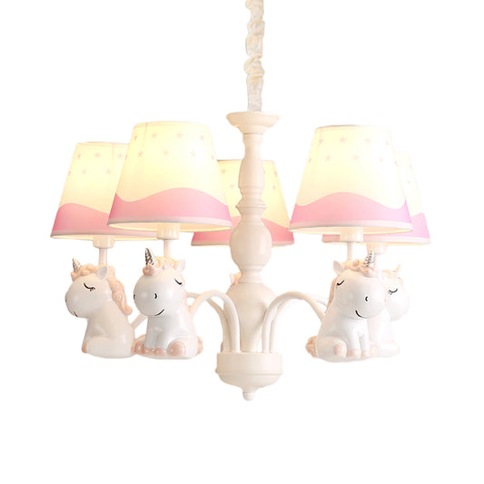 Pink/Blue Barrel Shade Chandelier Lighting Cartoon 5 Lights Fabric Pendulum Lamp with Unicorn Decor Clearhalo 'Ceiling Lights' 'Chandeliers' Lighting' options 917939