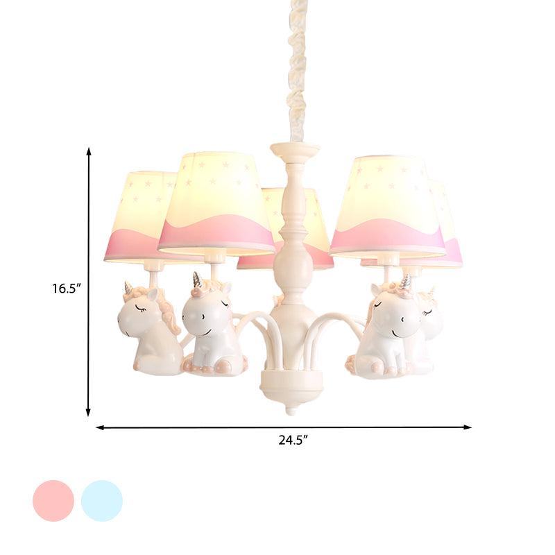 Pink/Blue Barrel Shade Chandelier Lighting Cartoon 5 Lights Fabric Pendulum Lamp with Unicorn Decor Clearhalo 'Ceiling Lights' 'Chandeliers' Lighting' options 917940