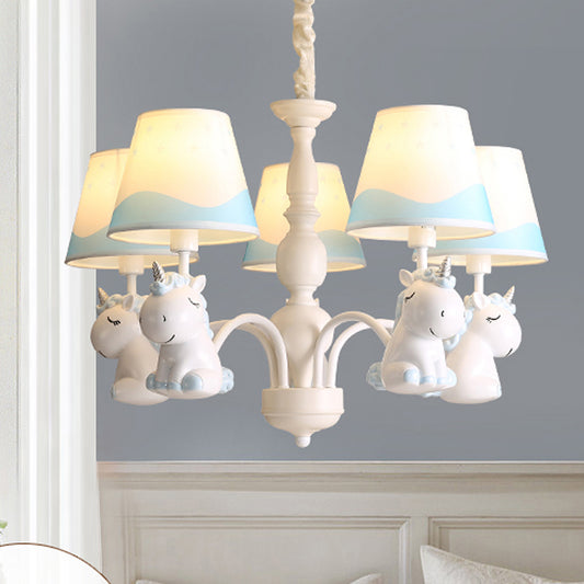 Pink/Blue Barrel Shade Chandelier Lighting Cartoon 5 Lights Fabric Pendulum Lamp with Unicorn Decor Clearhalo 'Ceiling Lights' 'Chandeliers' Lighting' options 917941