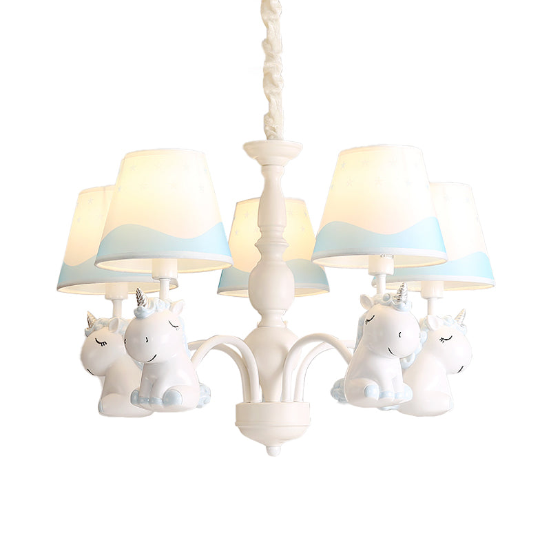 Pink/Blue Barrel Shade Chandelier Lighting Cartoon 5 Lights Fabric Pendulum Lamp with Unicorn Decor Clearhalo 'Ceiling Lights' 'Chandeliers' Lighting' options 917943