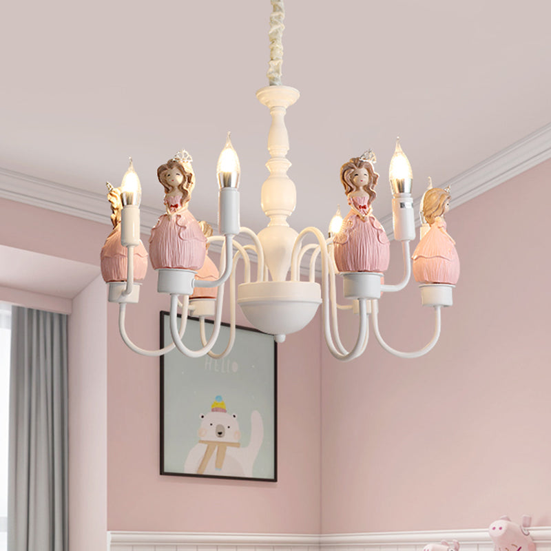 Princess Resin Hanging Light Kit Cartoon 6 Bulbs Pink and White Candle Chandelier Pendant Lamp White-Pink Clearhalo 'Ceiling Lights' 'Chandeliers' Lighting' options 917945_38ae7c37-d2a2-4d49-ad62-4d3efd05d024