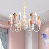 Princess Resin Hanging Light Kit Cartoon 6 Bulbs Pink and White Candle Chandelier Pendant Lamp Clearhalo 'Ceiling Lights' 'Chandeliers' Lighting' options 917946