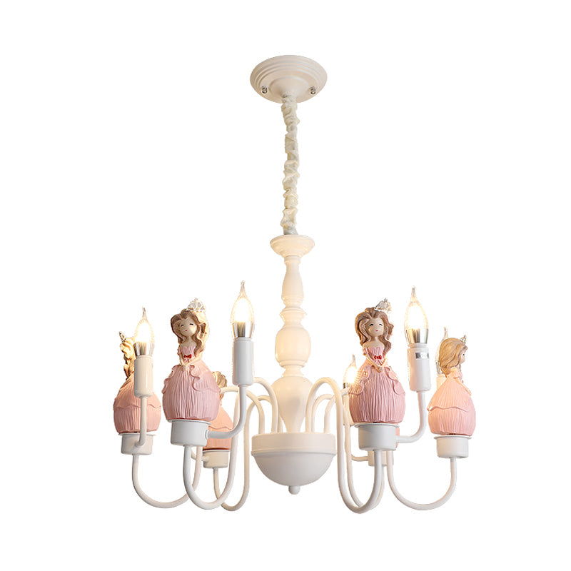 Princess Resin Hanging Light Kit Cartoon 6 Bulbs Pink and White Candle Chandelier Pendant Lamp Clearhalo 'Ceiling Lights' 'Chandeliers' Lighting' options 917947