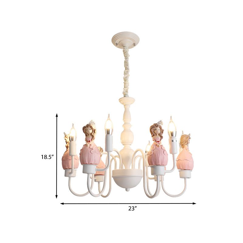 Princess Resin Hanging Light Kit Cartoon 6 Bulbs Pink and White Candle Chandelier Pendant Lamp Clearhalo 'Ceiling Lights' 'Chandeliers' Lighting' options 917948