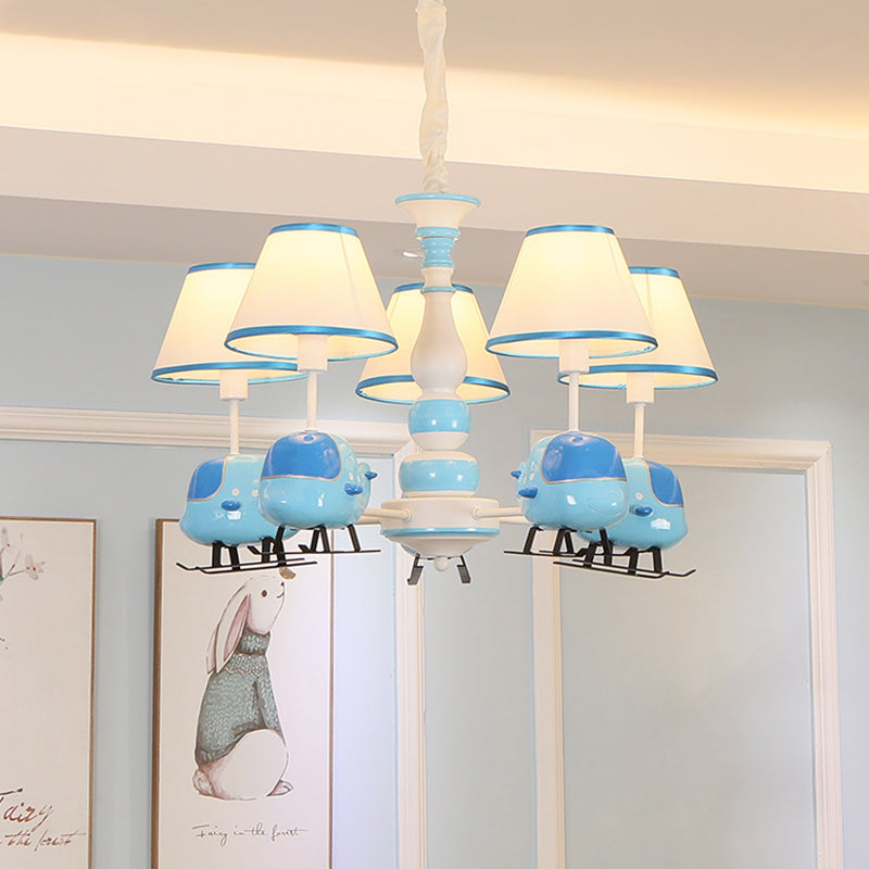 Cartoon Aircraft Chandelier Light Fixture Resin 3/5 Lights Child Room Ceiling Lamp with Cone White Fabric Shade in Blue 5 Blue Clearhalo 'Ceiling Lights' 'Chandeliers' Lighting' options 917957_d8d0589b-d302-4a85-a210-d4b5dd46a73e