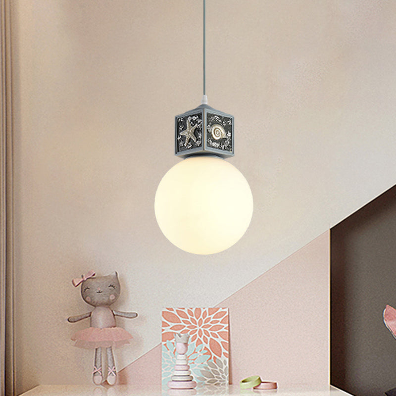 Orb Opal Glass Hanging Light Nordic 1 Head Sky/Water Blue Cube Ceiling Pendant Lamp for Kids Bedside Water Blue Clearhalo 'Ceiling Lights' 'Close To Ceiling Lights' 'Glass shade' 'Glass' 'Pendant Lights' 'Pendants' Lighting' 917966