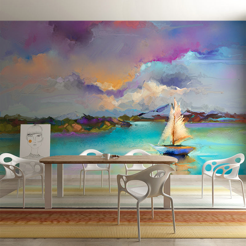 Water-Resistant Wall Murals Beacon and Sailing Boat Custom Contemporary Wall Covering for Home Decor Green-Pink-Blue Clearhalo 'Wall Decor' 'Wall Mural' 918056