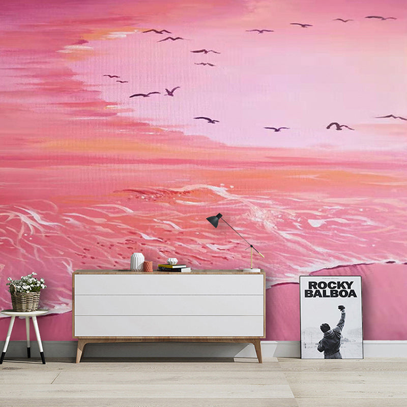 Romantic Mural Wallpaper for Girls' Bedroom, Beach and Sea, Made to Measure Pink Clearhalo 'Wall Decor' 'Wall Mural' 918091