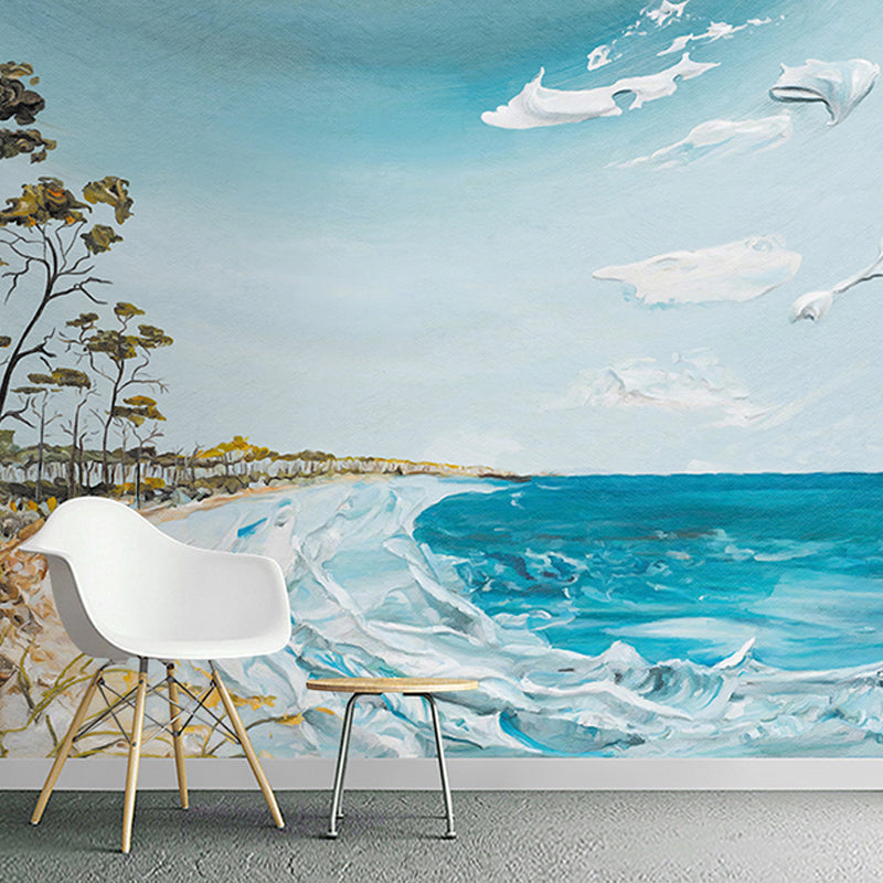 Whole Photo Print Seashore Mural Wallpaper for Coffee Shop in Blue and White, Made to Measure Blue Clearhalo 'Wall Decor' 'Wall Mural' 918111