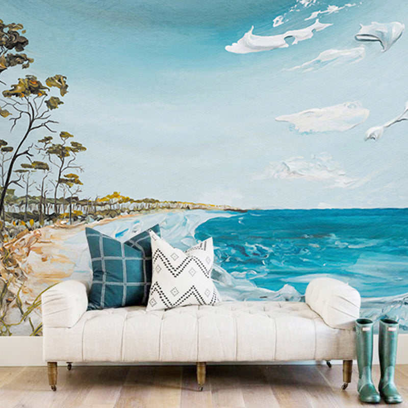 Whole Photo Print Seashore Mural Wallpaper for Coffee Shop in Blue and White, Made to Measure Clearhalo 'Wall Decor' 'Wall Mural' 918112