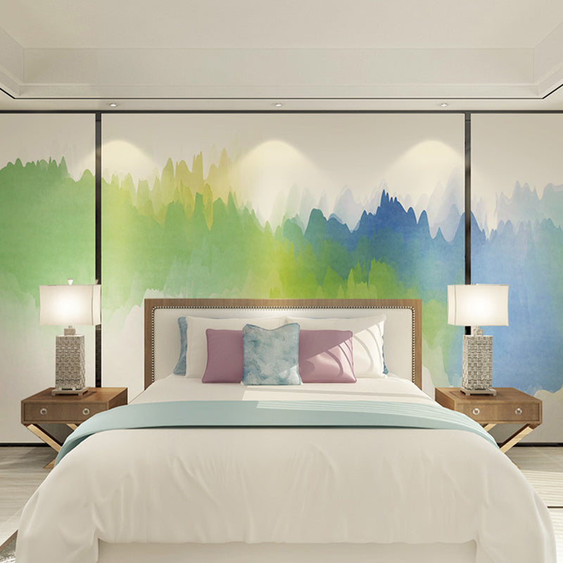 Extra Large Illustration Minimalist Mural with Watercolors of Mountain, Green and Blue Clearhalo 'Wall Decor' 'Wall Mural' 918177