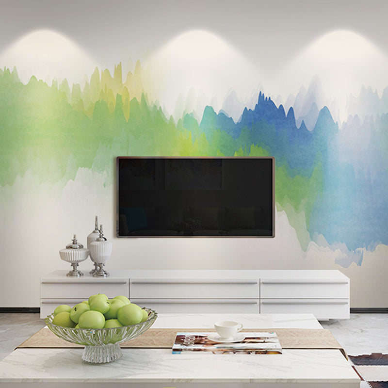 Extra Large Illustration Minimalist Mural with Watercolors of Mountain, Green and Blue Clearhalo 'Wall Decor' 'Wall Mural' 918178