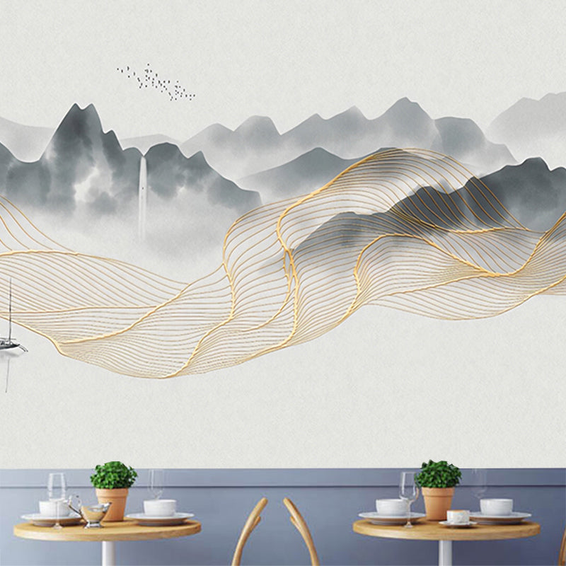 Yellow and Grey Mural Wallpaper Boat and River Stain-Resistant Wall Art for Guest Room Clearhalo 'Wall Decor' 'Wall Mural' 918421