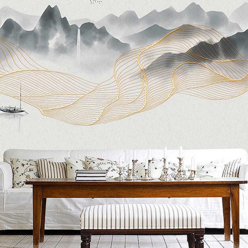 Yellow and Grey Mural Wallpaper Boat and River Stain-Resistant Wall Art for Guest Room Clearhalo 'Wall Decor' 'Wall Mural' 918422