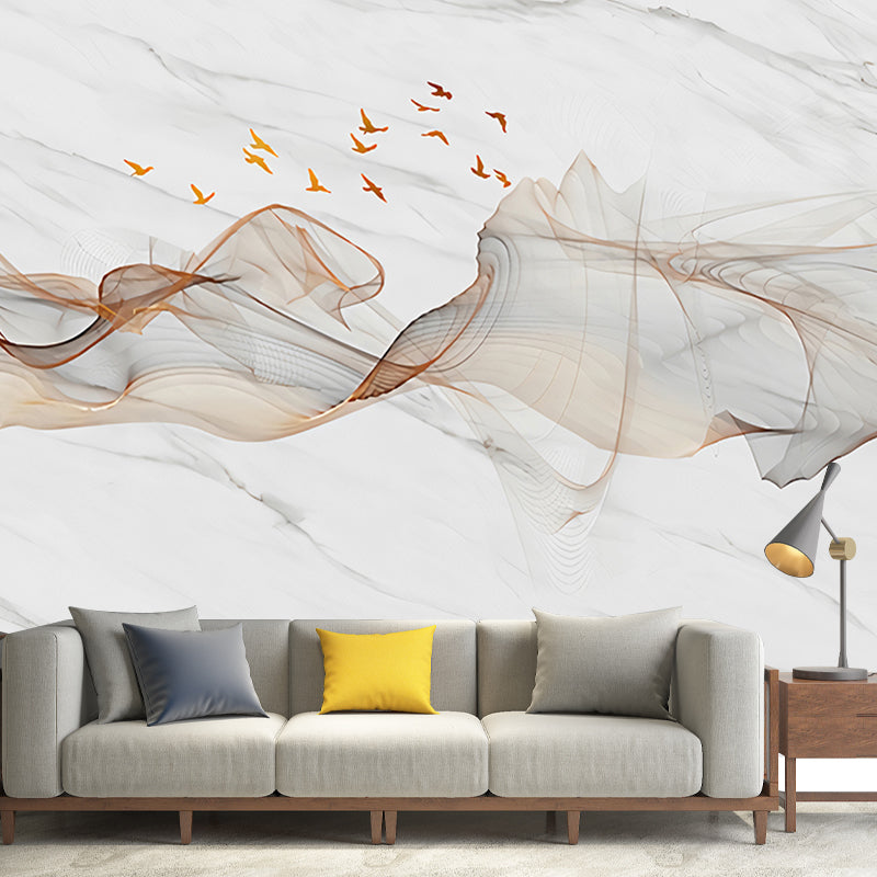 Illustration Style Mural Wallpaper Smoke and Bird Extra Large Dining Room Wall Art, Personalized Size Available Brown Clearhalo 'Wall Decor' 'Wall Mural' 918443