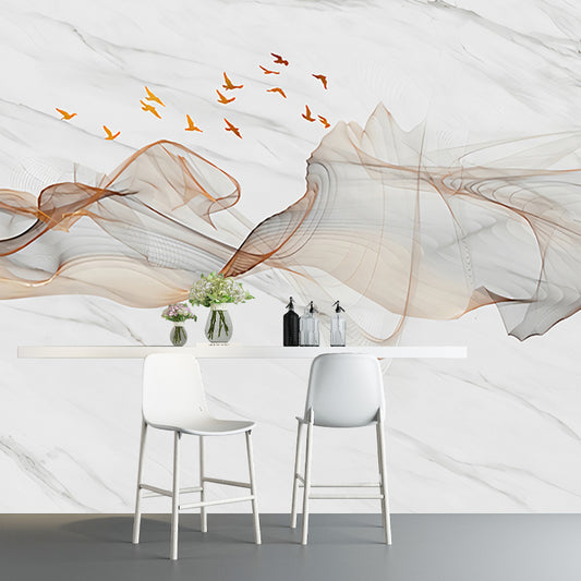 Illustration Style Mural Wallpaper Smoke and Bird Extra Large Dining Room Wall Art, Personalized Size Available Clearhalo 'Wall Decor' 'Wall Mural' 918444