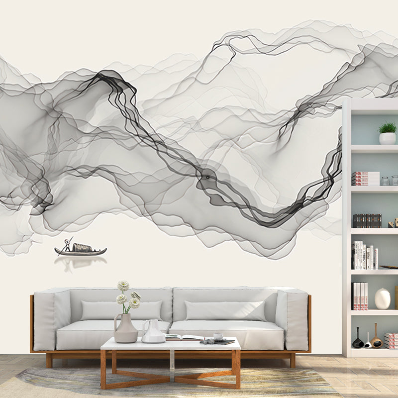 Irked Smoke Mural Wallpaper Black Chinese Traditional Wall Decor for Guest Room Black Clearhalo 'Wall Decor' 'Wall Mural' 918509