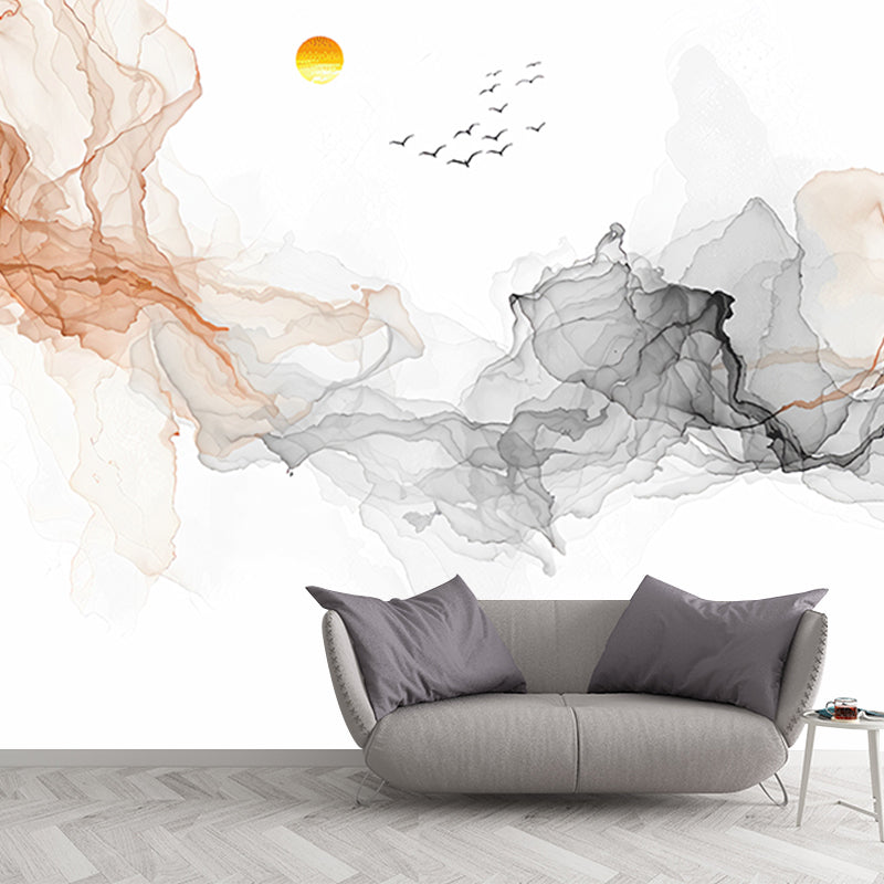 Extra Large Wall Mural for Living Room Swirled Smoke and Flying Bird Wall Art in Brown and Black, Stain-Resistant Clearhalo 'Wall Decor' 'Wall Mural' 918535