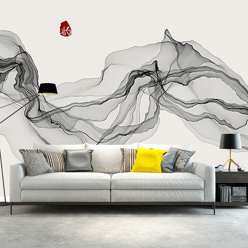 Large Illustration Style Traditional Mural for Coffee Shop with Veil and Fish man in Black and Grey Black-Gray Clearhalo 'Wall Decor' 'Wall Mural' 918551