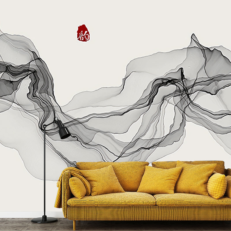 Large Illustration Style Traditional Mural for Coffee Shop with Veil and Fish man in Black and Grey Clearhalo 'Wall Decor' 'Wall Mural' 918552