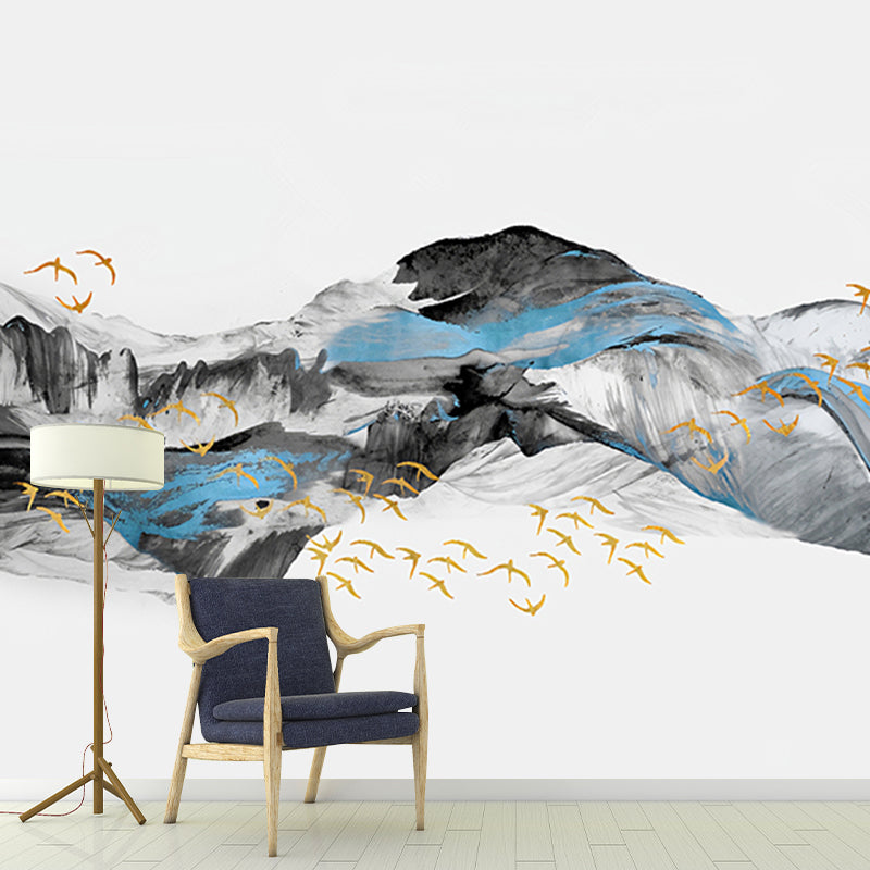 Full Size Chinese Mural Wallpaper Blue and Grey Wild Goose and Veil Wall Covering, Customized Size Available Clearhalo 'Wall Decor' 'Wall Mural' 918642