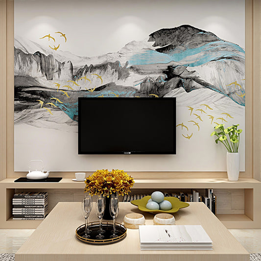 Full Size Chinese Mural Wallpaper Blue and Grey Wild Goose and Veil Wall Covering, Customized Size Available Clearhalo 'Wall Decor' 'Wall Mural' 918643