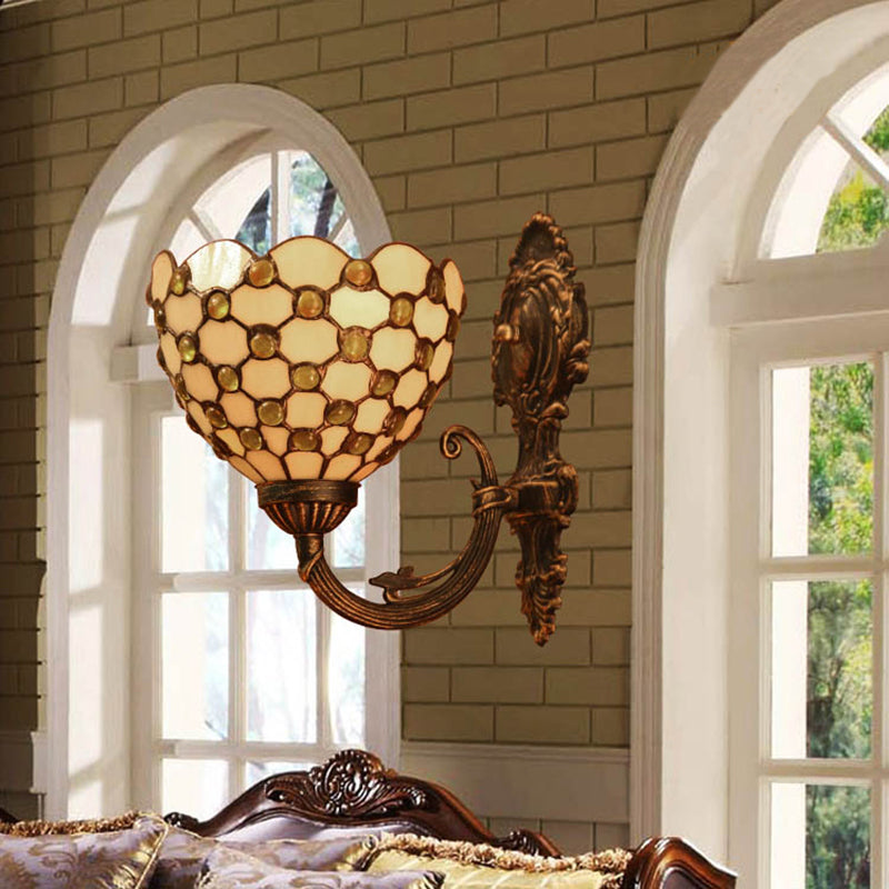 Beige Bowl Sconce Lamp Tiffany Stained Glass 1 Light Wall Light with Crystal Bead Clearhalo 'Industrial' 'Middle century wall lights' 'Tiffany wall lights' 'Tiffany' 'Wall Lamps & Sconces' 'Wall Lights' Lighting' 91873