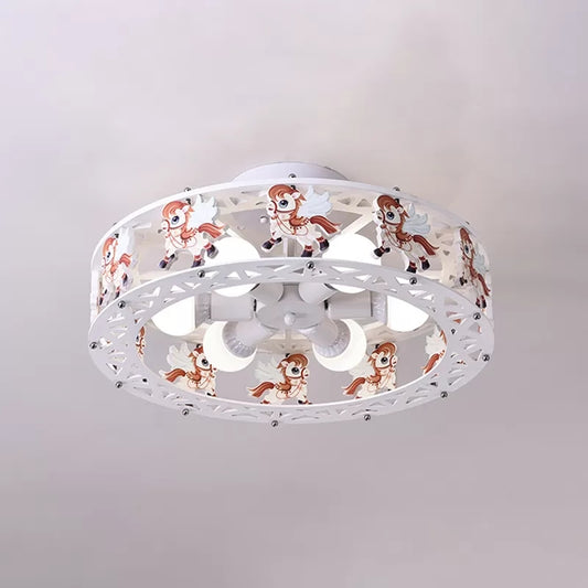 Metal Round Ceiling Mount Light with Carousel 6 Lights Cartoon Flush Light in White for Kindergarten Clearhalo 'Ceiling Lights' 'Close To Ceiling Lights' 'Close to ceiling' 'Flush mount' Lighting' 91876