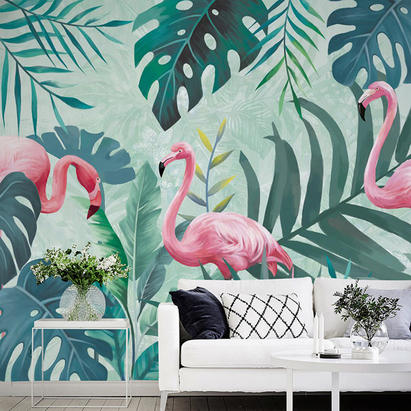 Green Flamingo and Jungle Mural Wallpaper Stain-Resistant Wall Covering for Gallery and Coffee Shop Green Clearhalo 'Wall Decor' 'Wall Mural' 918948