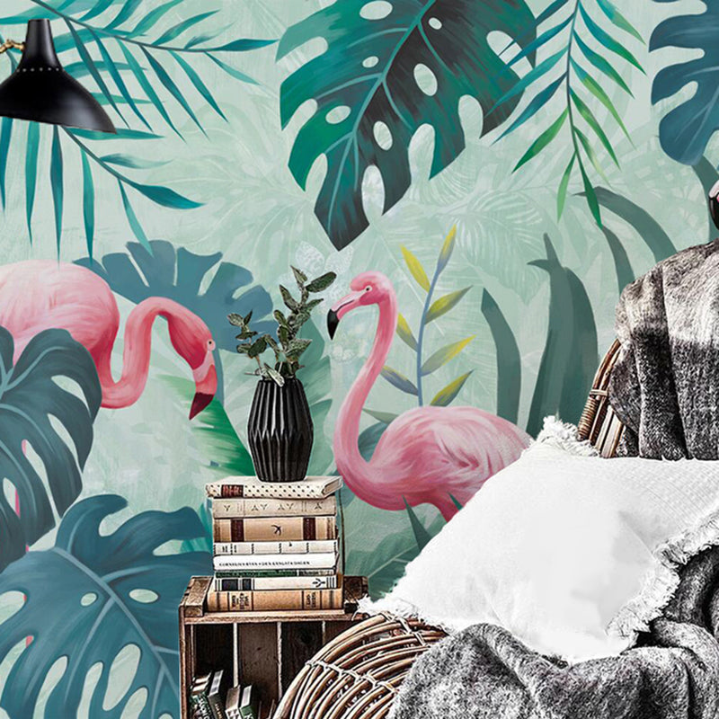 Green Flamingo and Jungle Mural Wallpaper Stain-Resistant Wall Covering for Gallery and Coffee Shop Clearhalo 'Wall Decor' 'Wall Mural' 918949