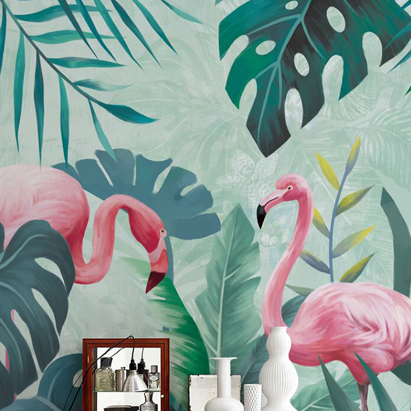 Green Flamingo and Jungle Mural Wallpaper Stain-Resistant Wall Covering for Gallery and Coffee Shop Clearhalo 'Wall Decor' 'Wall Mural' 918950