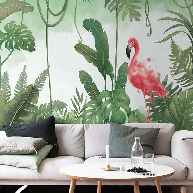 Illustration Style Flamingo Mural Wallpaper Full Size Wall Art for Guest Room， Customized Size Available Green Clearhalo 'Wall Decor' 'Wall Mural' 918966