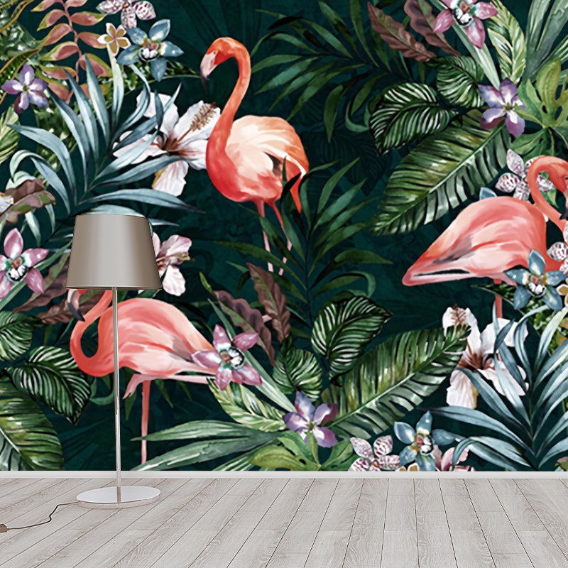 Tropical Flamingo and Forest Mural for Gallery, Extra Large Wall Covering in Soft Green Green Clearhalo 'Wall Decor' 'Wall Mural' 918995