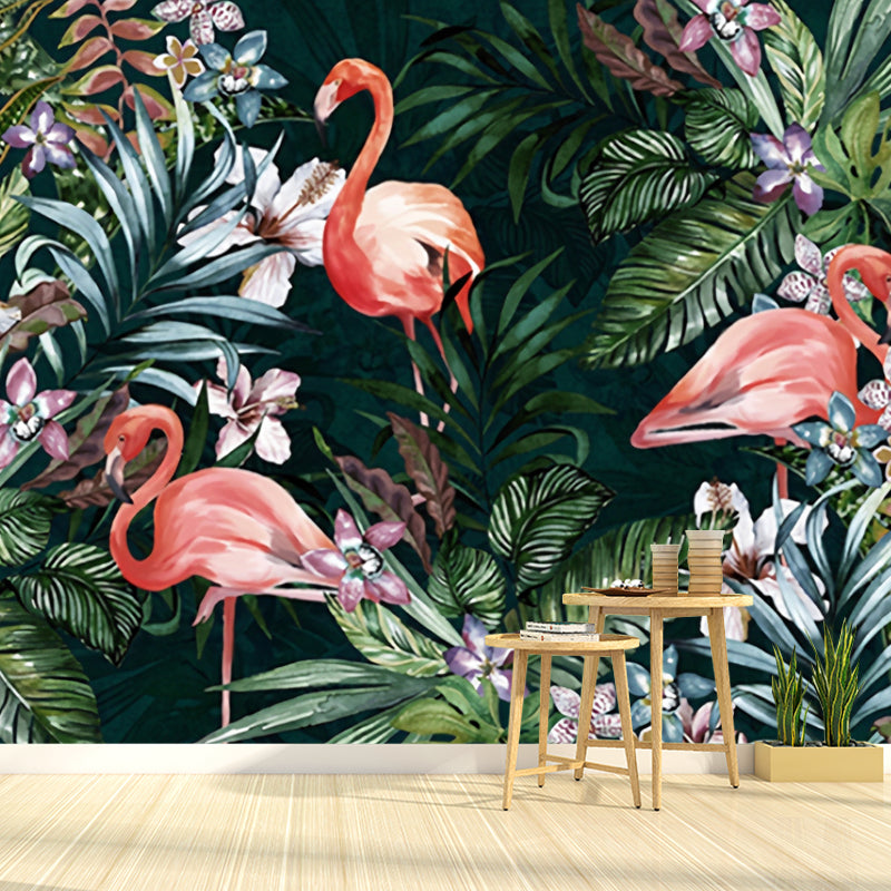 Tropical Flamingo and Forest Mural for Gallery, Extra Large Wall Covering in Soft Green Clearhalo 'Wall Decor' 'Wall Mural' 918997