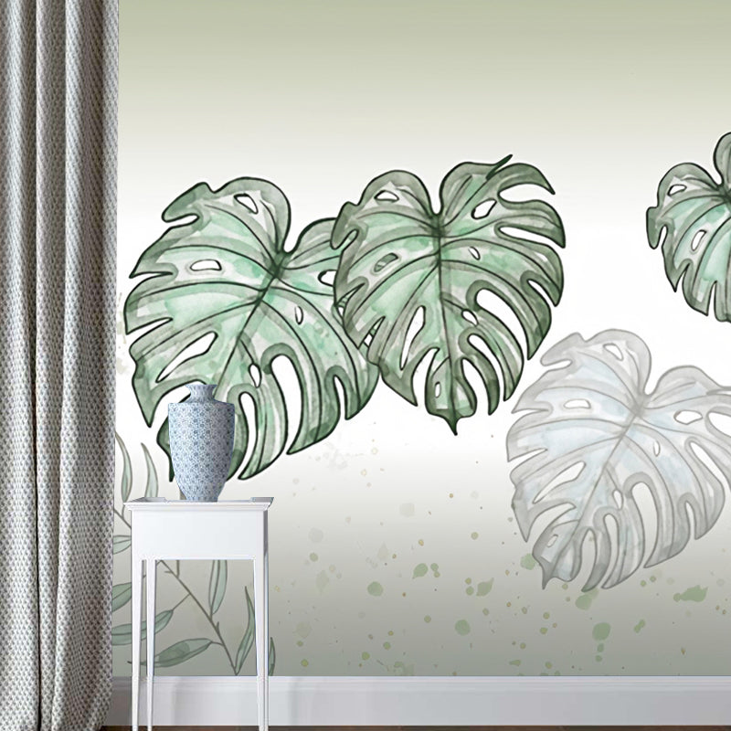 Giant Illustration Nordic Mural Wallpaper for Decoration with Leaf and Forest in Pastel Green Blackish Green Clearhalo 'Wall Decor' 'Wall Mural' 919015