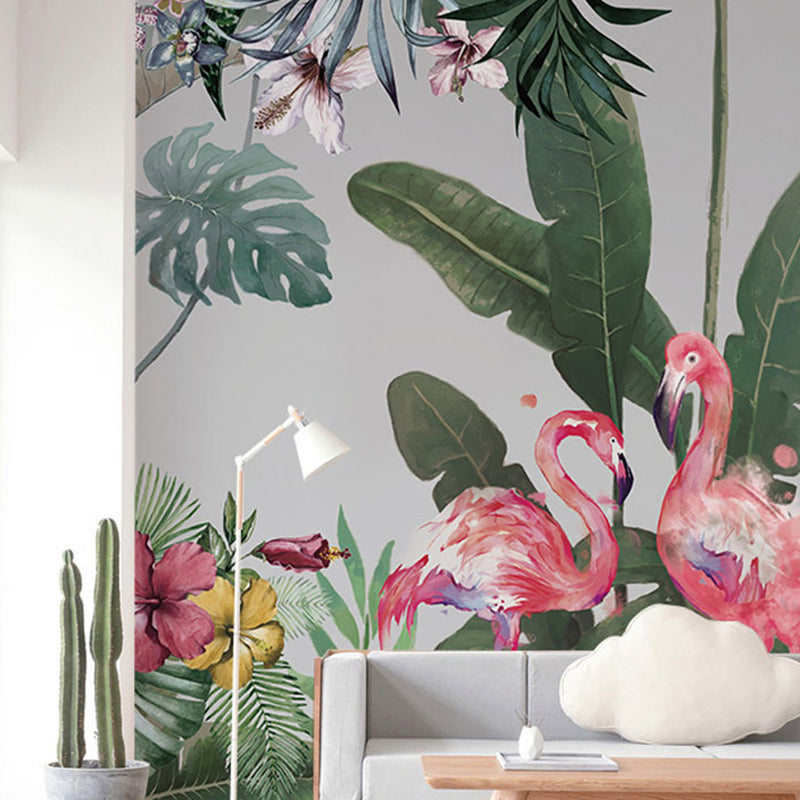 Jungle and Flamingo Mural for Home Decoration, Green, Custom Size Available Green Clearhalo 'Wall Decor' 'Wall Mural' 919277