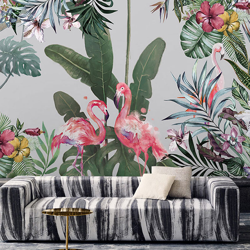 Jungle and Flamingo Mural for Home Decoration, Green, Custom Size Available Clearhalo 'Wall Decor' 'Wall Mural' 919278