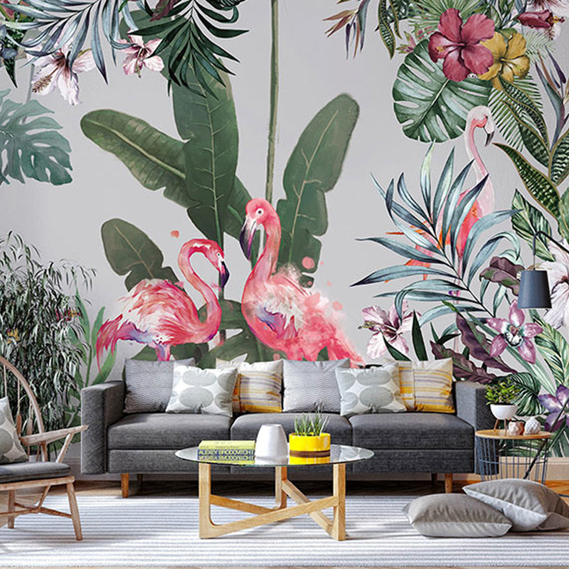 Jungle and Flamingo Mural for Home Decoration, Green, Custom Size Available Clearhalo 'Wall Decor' 'Wall Mural' 919279