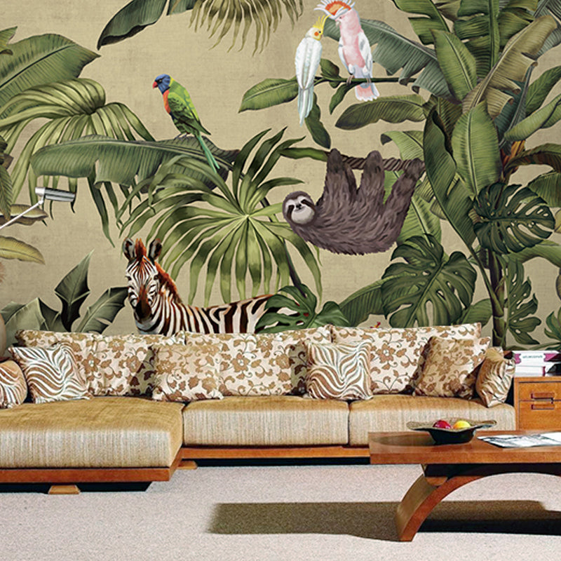 Large Wall Covering Green Forest and Animal Mural Wallpaper for Accent Wall, Non-Woven Material Clearhalo 'Wall Decor' 'Wall Mural' 919398