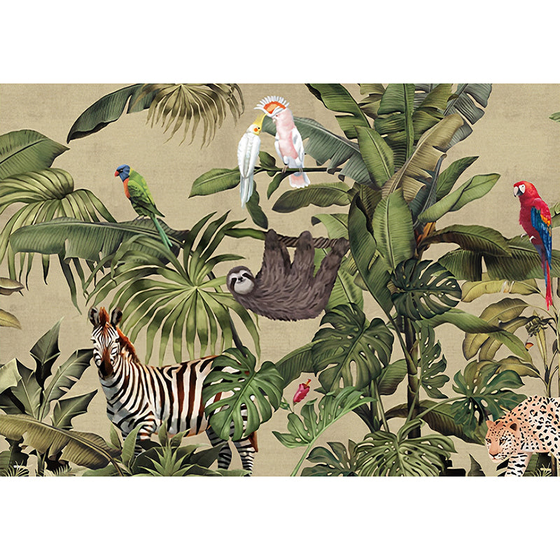 Large Wall Covering Green Forest and Animal Mural Wallpaper for Accent Wall, Non-Woven Material Clearhalo 'Wall Decor' 'Wall Mural' 919400