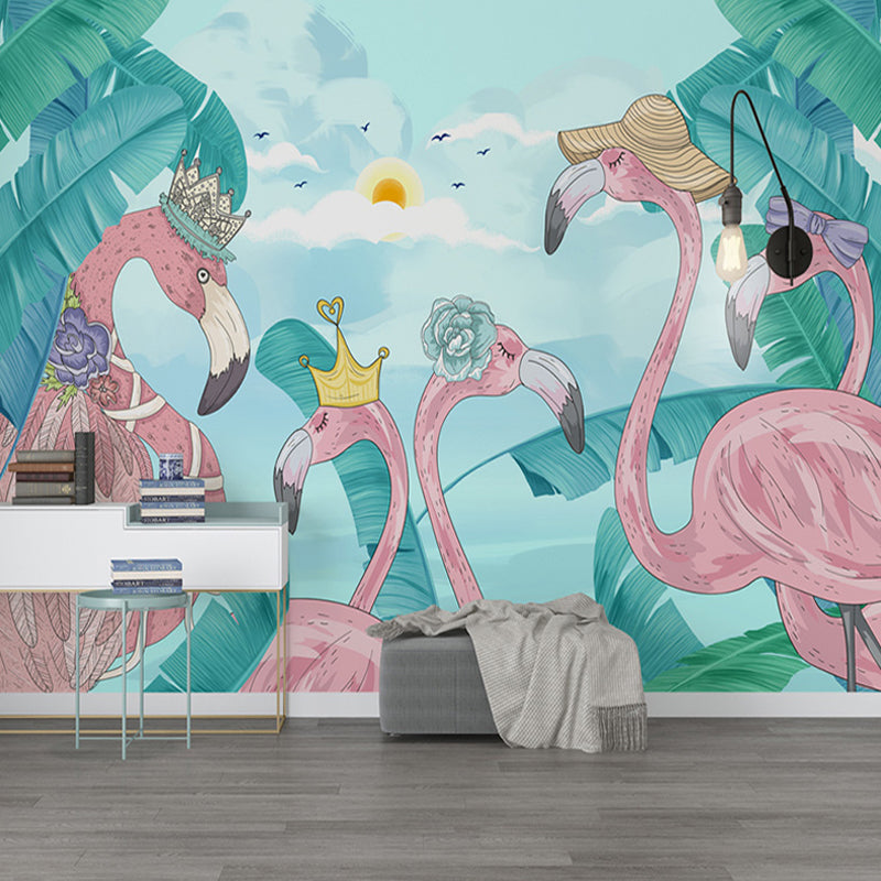 Big Cartoon Wall Art for Accent Wall Flamingo and Forest Mural Wallpaper in Green, Stain-Resistant Green Clearhalo 'Wall Decor' 'Wall Mural' 919419