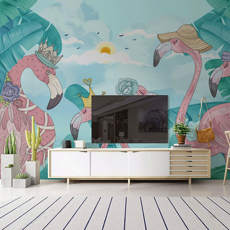 Big Cartoon Wall Art for Accent Wall Flamingo and Forest Mural Wallpaper in Green, Stain-Resistant Clearhalo 'Wall Decor' 'Wall Mural' 919420