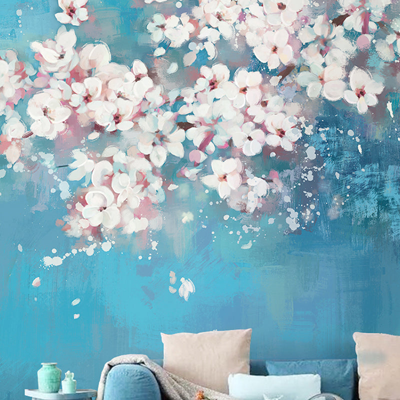 Full Size Cluster Flower Wall Mural Pink and Blue Non-Woven Fabric Wall Covering for Accent Wall, Custom Size Available Blue-White Clearhalo 'Wall Decor' 'Wall Mural' 919604