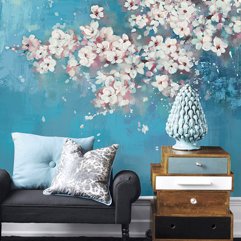 Full Size Cluster Flower Wall Mural Pink and Blue Non-Woven Fabric Wall Covering for Accent Wall, Custom Size Available Clearhalo 'Wall Decor' 'Wall Mural' 919606